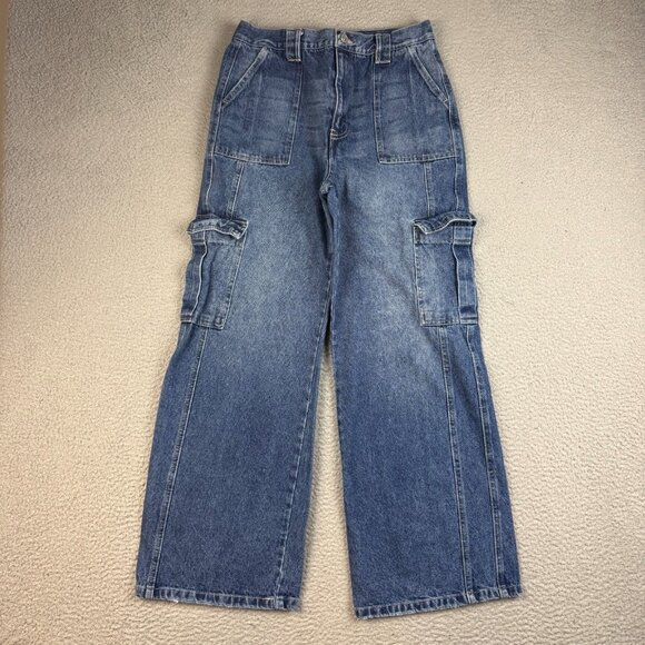 KanCan Denim - Kancan Jeans Womens 9/28 Blue Denim High Rise Wide Flare Leg Cargo Baggy Skater